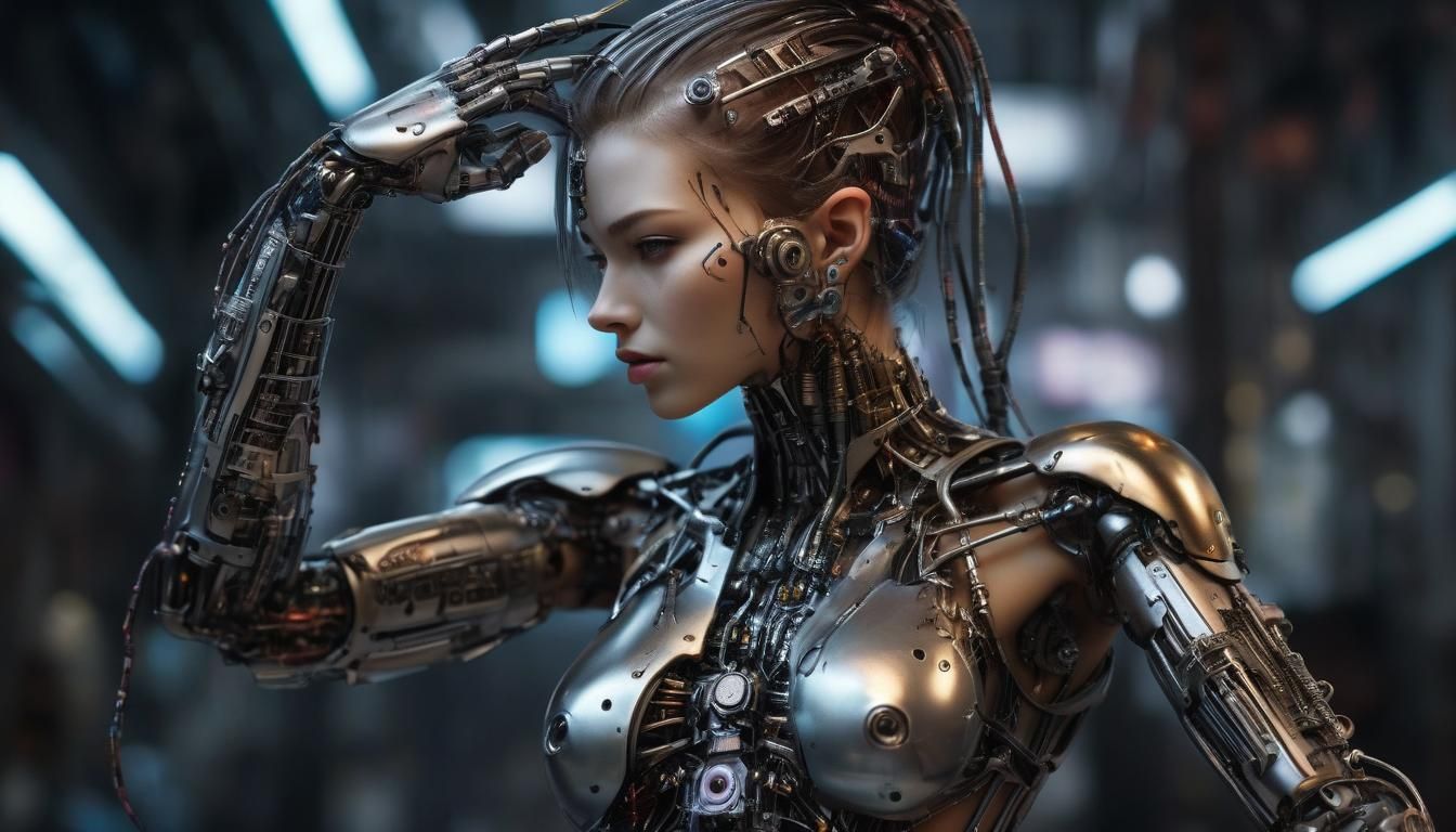 Cyberpunk Goddess with Biomechanical Arm in Neon Cityscape