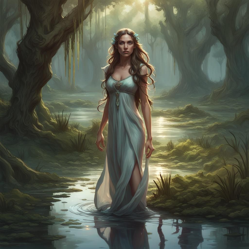 Elf Woman in Swamp, Art Nouveau Portrait