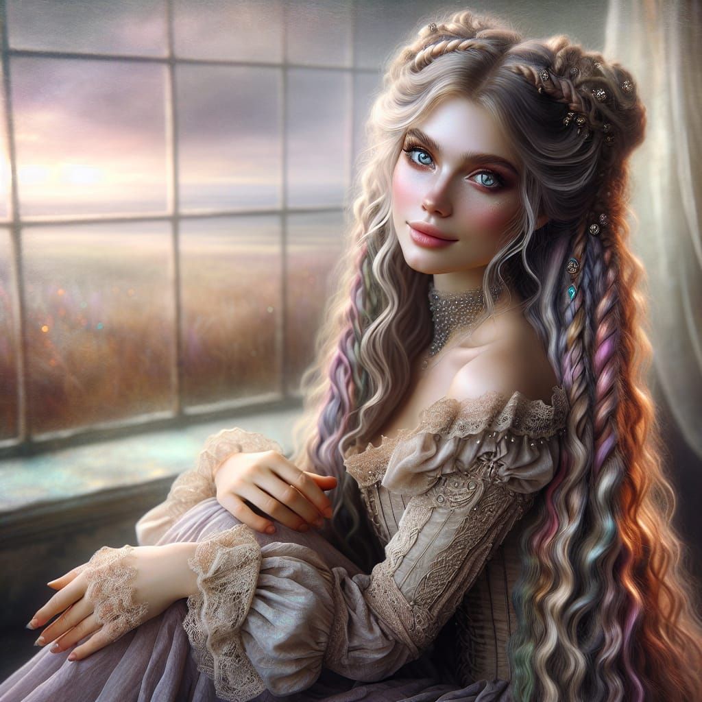 Ethereal Portrait of Woman with Rainbow Braids