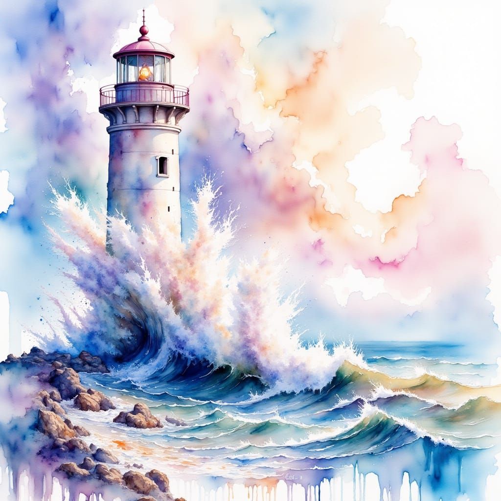 Watercolor Lighthouse Amidst Crashing Waves