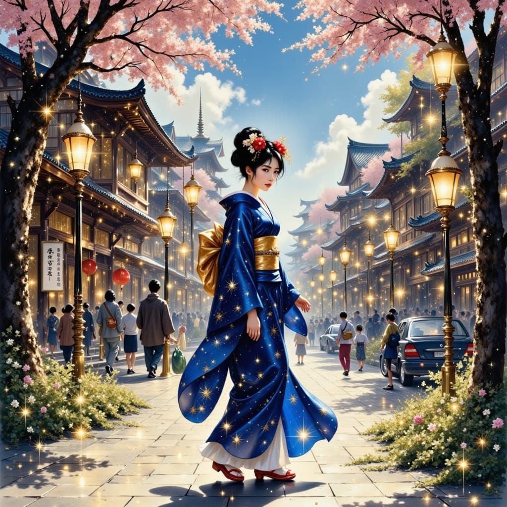 Beautiful Geisha in Royal Blue Kimono on Colorful Street