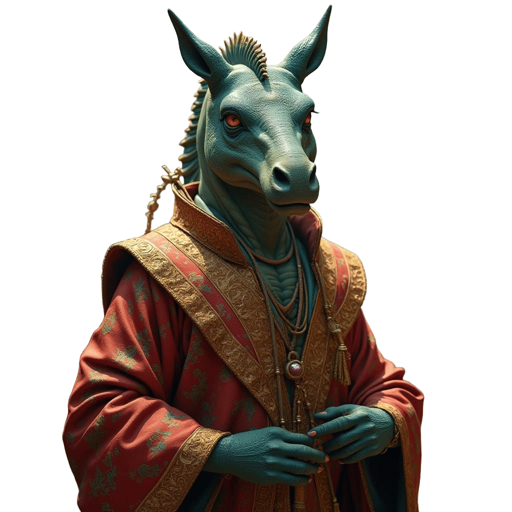 Fantastical Merchant with Reptilian Horse Features in Luxuri...