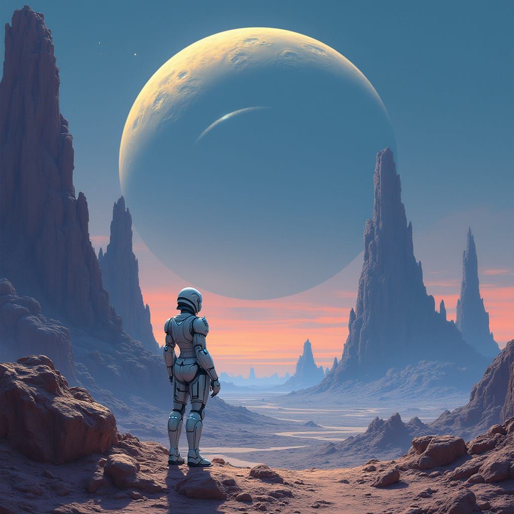 Lone Figure Gazes at Ringed Planet on Alien World