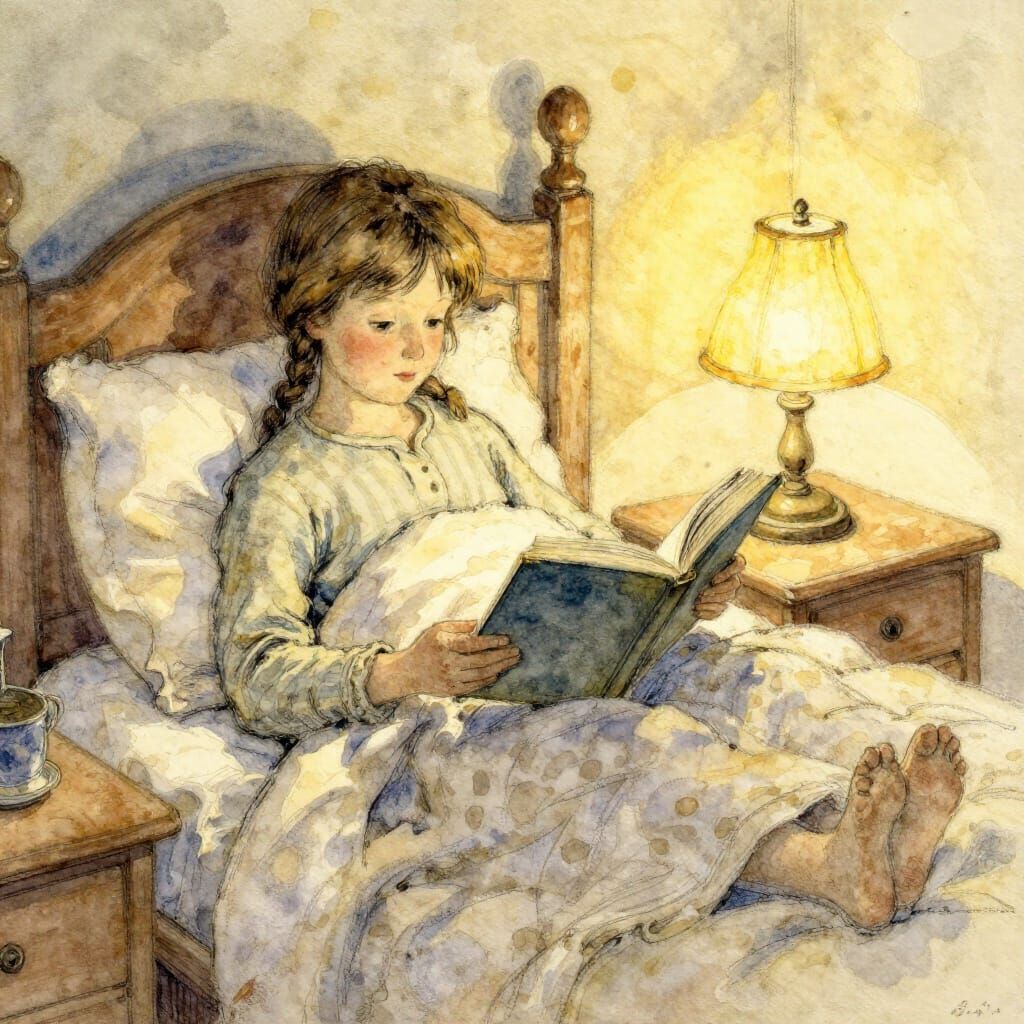 Warm Bedroom Scene of Reading Before Bed in Watercolor and G...
