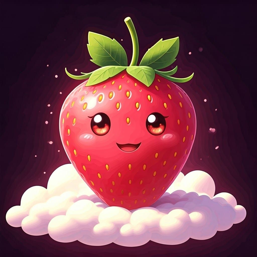 Smiling Strawberry on Cloud in Anime Style
