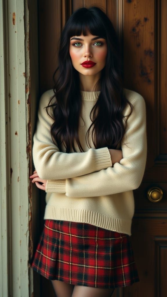 British Woman Poses Confidently in Plaid Miniskirt