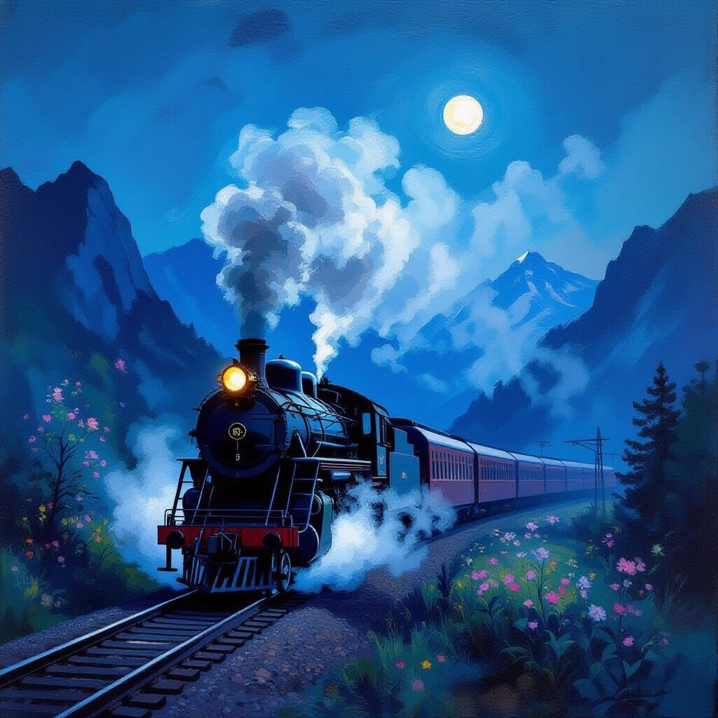 Impressionist Train Journey Through Mystical Void and Mounta...