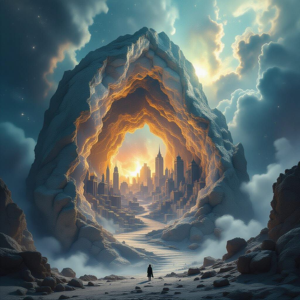 Colossal Geode Reveals Crystal City Amidst Nebula