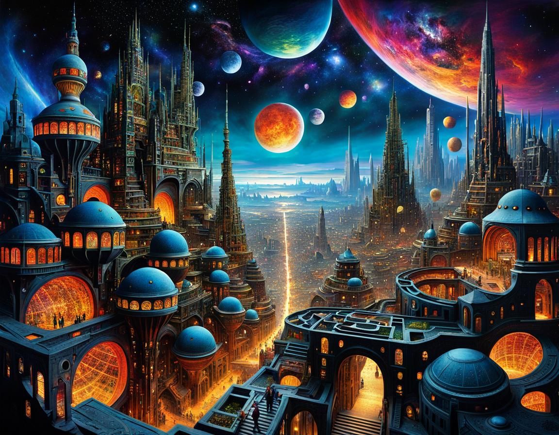 Ethereal Teslapunk Cityscape Under Alien Skies