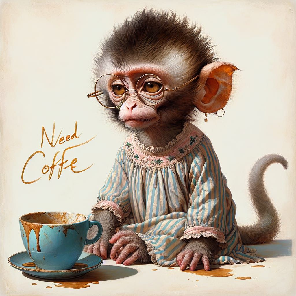 Dreamy Monkey Girl in Faded Nightgown with Expressive Eyes