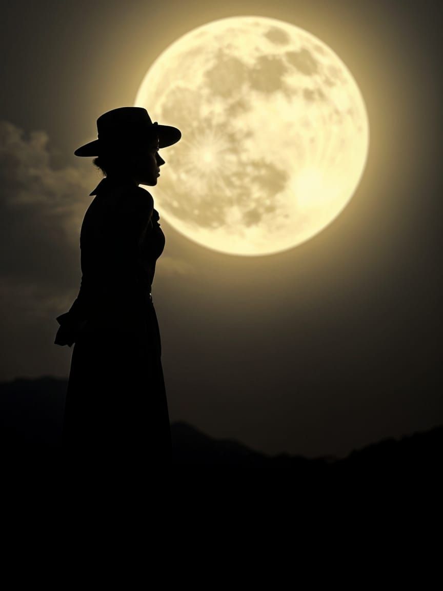 Moonlit Silhouette of 1940s Woman on Hilltop