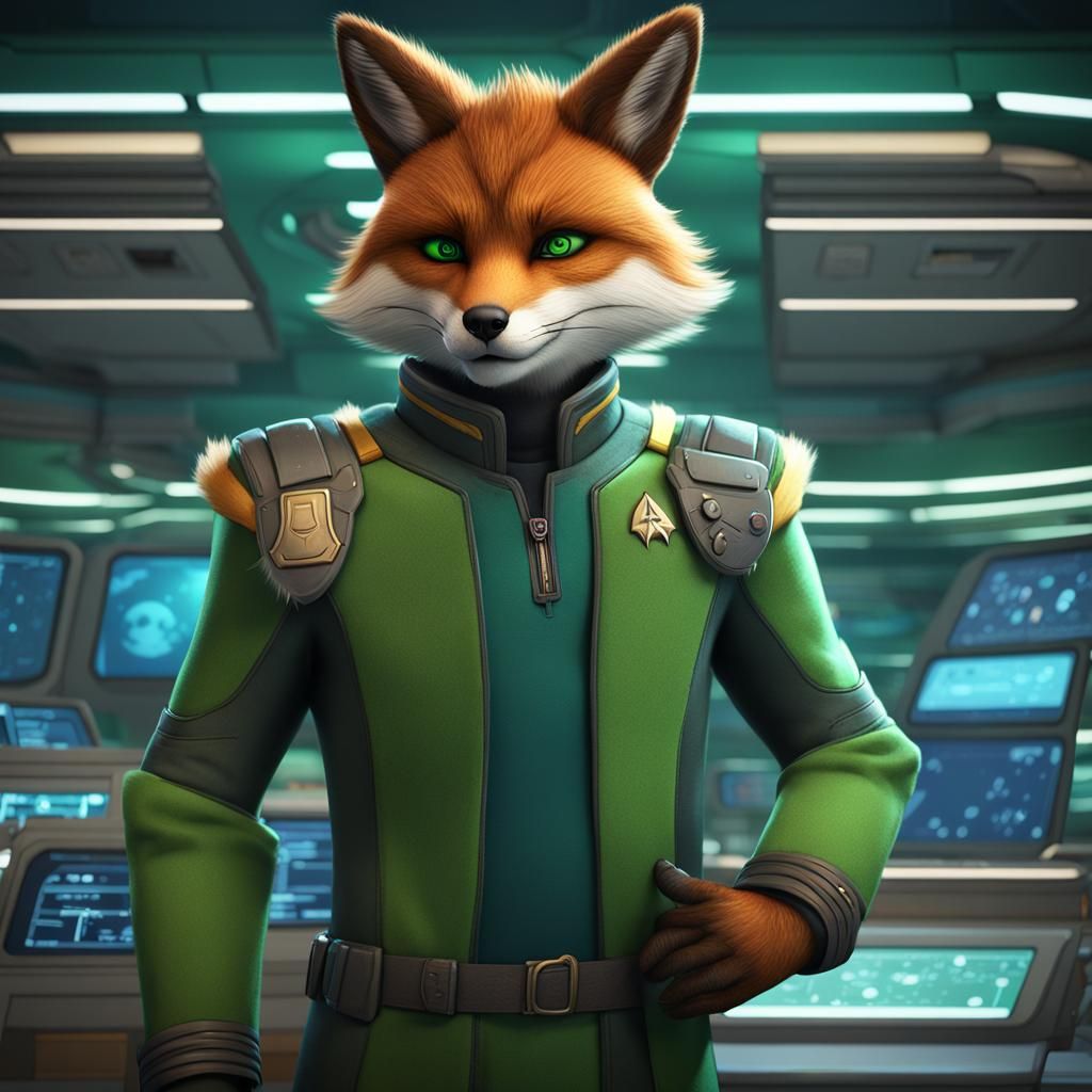 Furry Green Fox Doctor in Star Trek Uniform