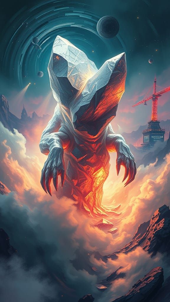 Surreal Crystal Entity Erupts from Eerie Mist in Cyberpunk L...