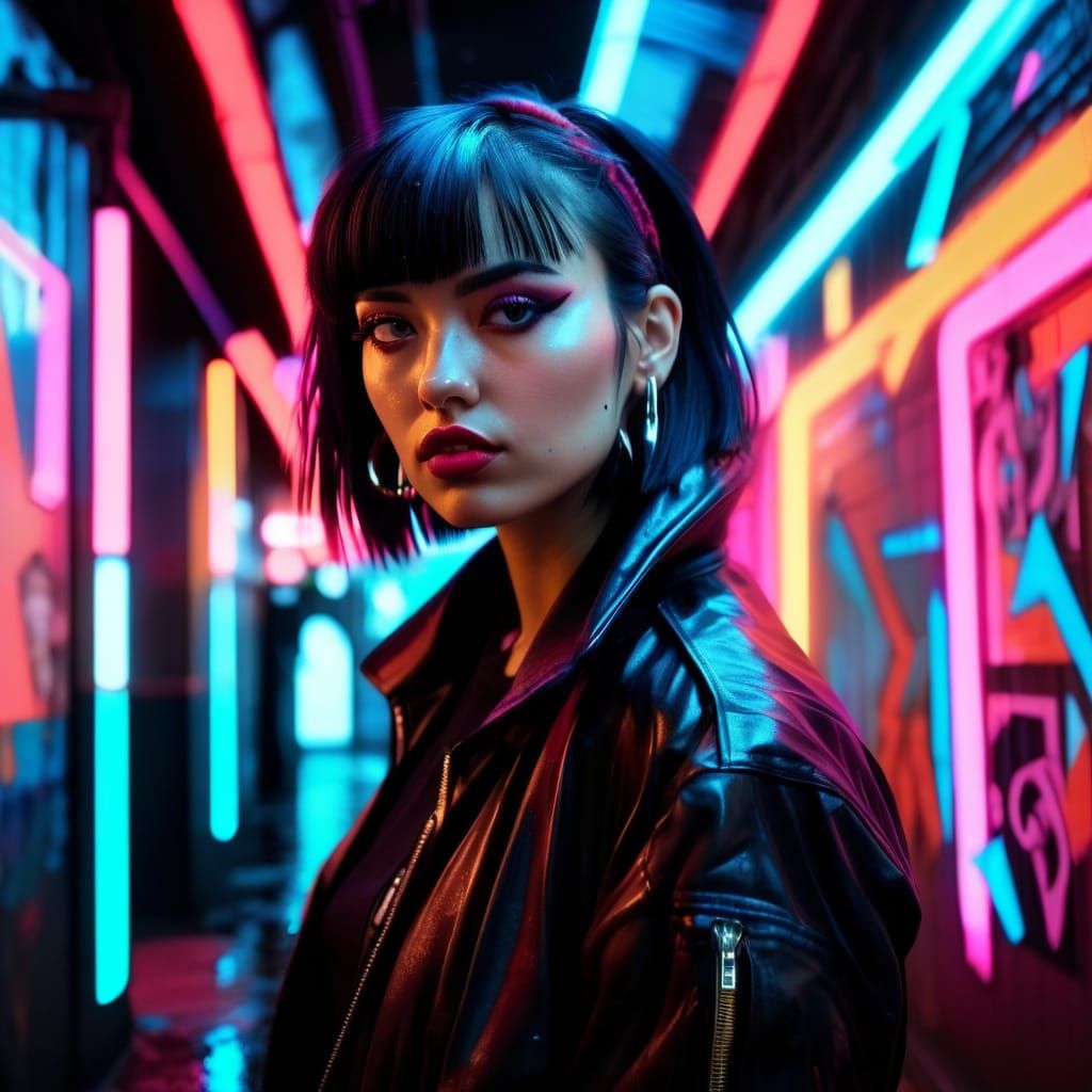 Cubist Punk Girl in a Vibrant Futuristic Alley