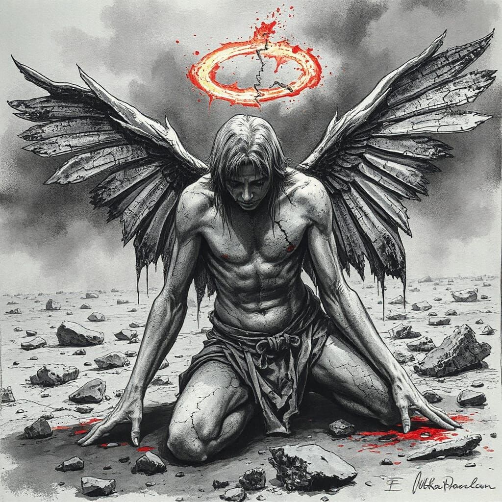 A sorrowful fallen angel kneels in a desolate wasteland