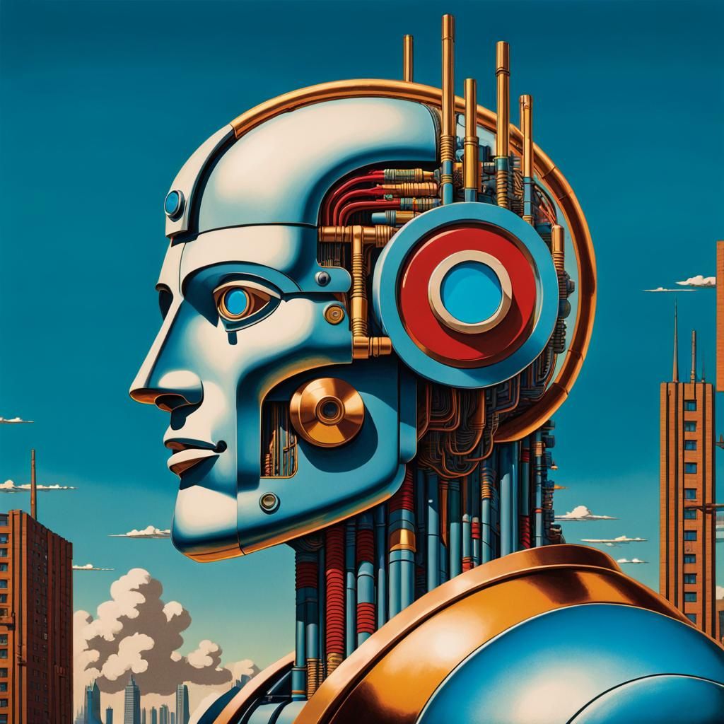 Cyborg Robot Man in 1930s Pop Art Style