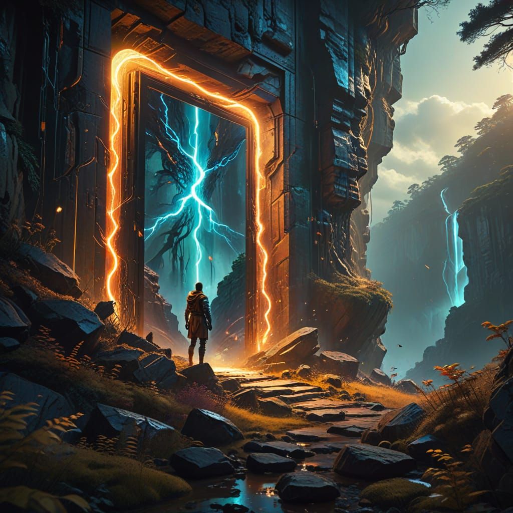 Fantasy Sci-Fi Cliffside Scene with Floating Doors