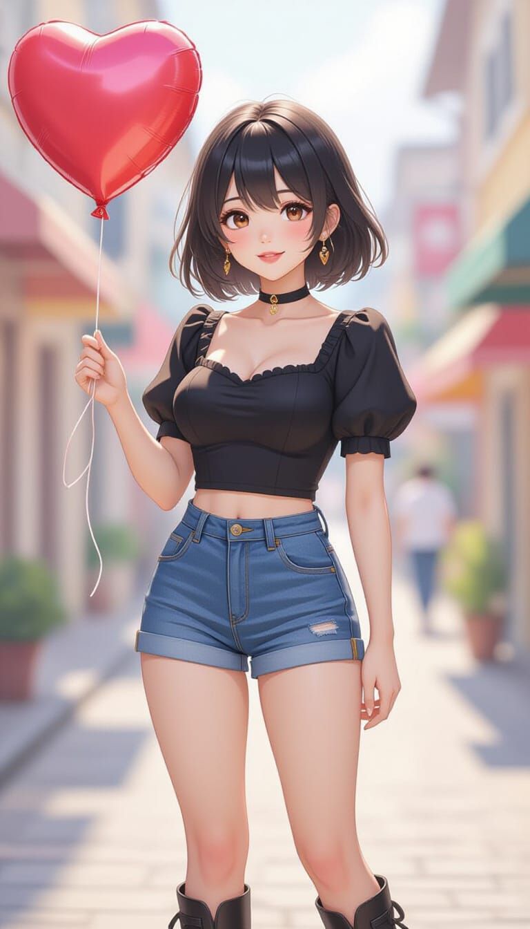 Thai Woman Holding Heart Balloon in Watercolor Style