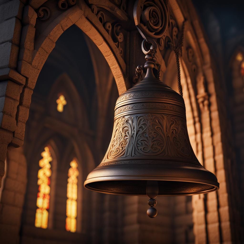 Engraved Bell in Medieval Tower at Night