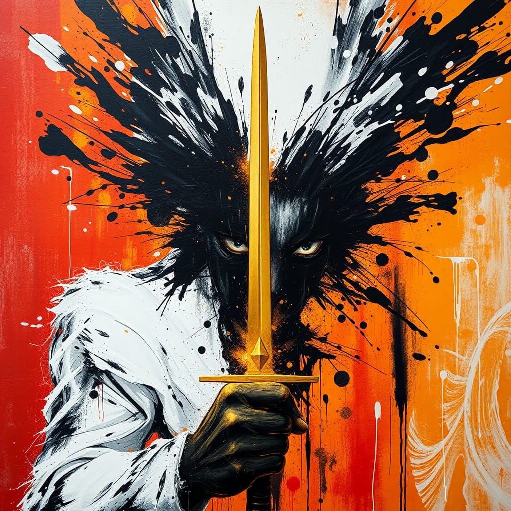 Dynamic Splatter Art: Face Emerging with Golden Sword