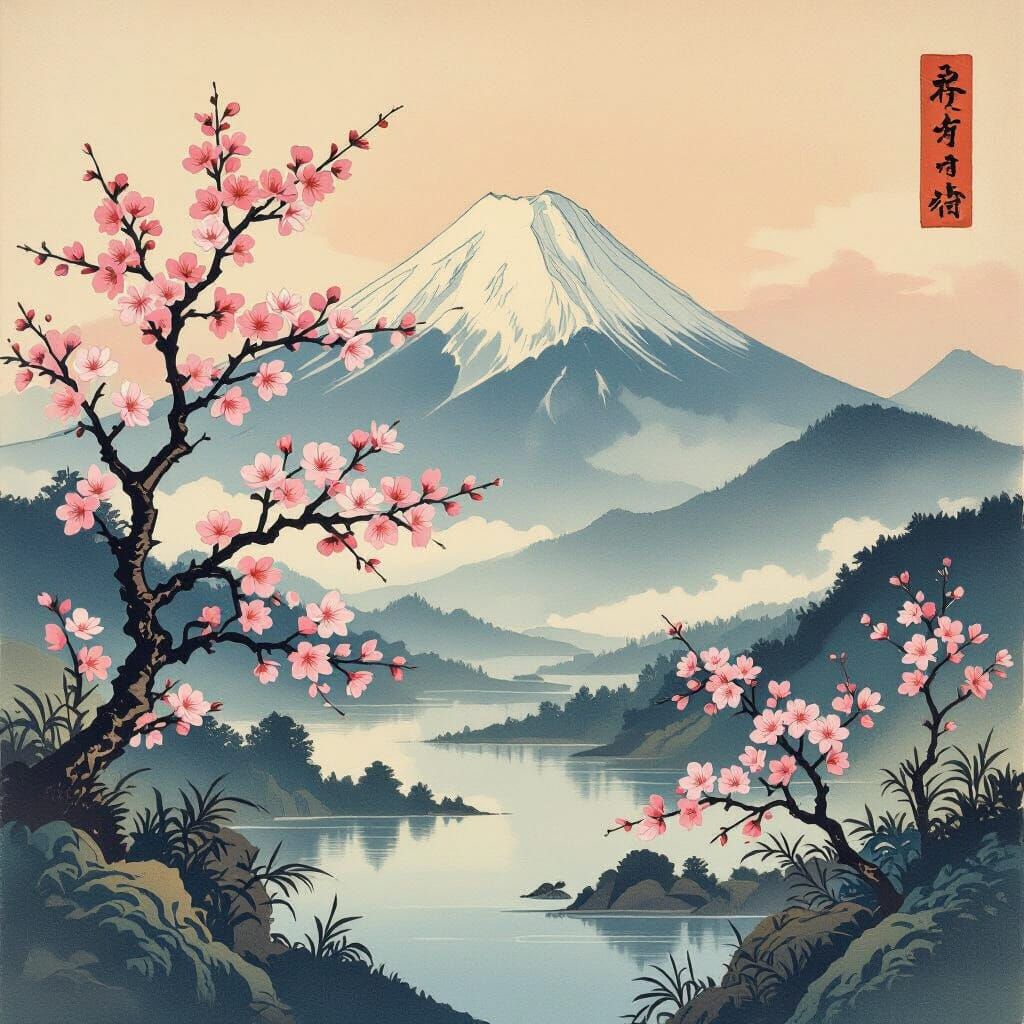 Ukiyo-e Mountain Landscape with Cherry Blossoms