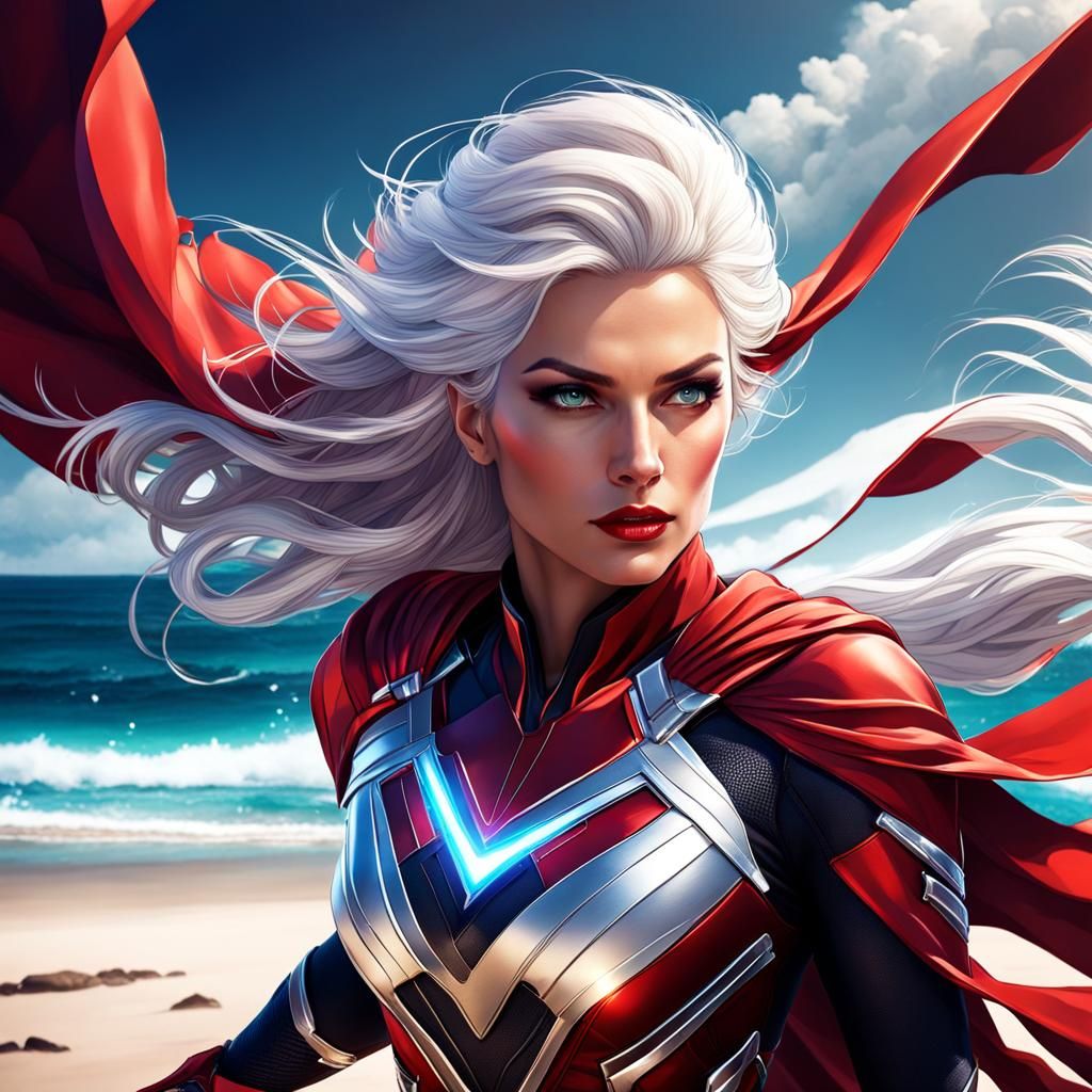 White-Haired Superheroine on Beach, Matte Painting