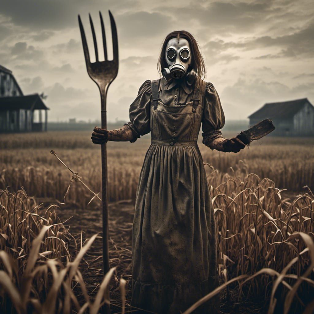 Haunted Farm Woman with Pitchfork in Calico Dress