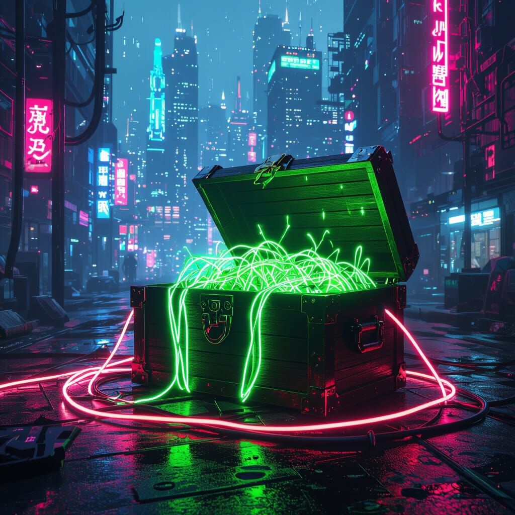 Neon Treasure Chest in Futuristic Cyberpunk Jungle