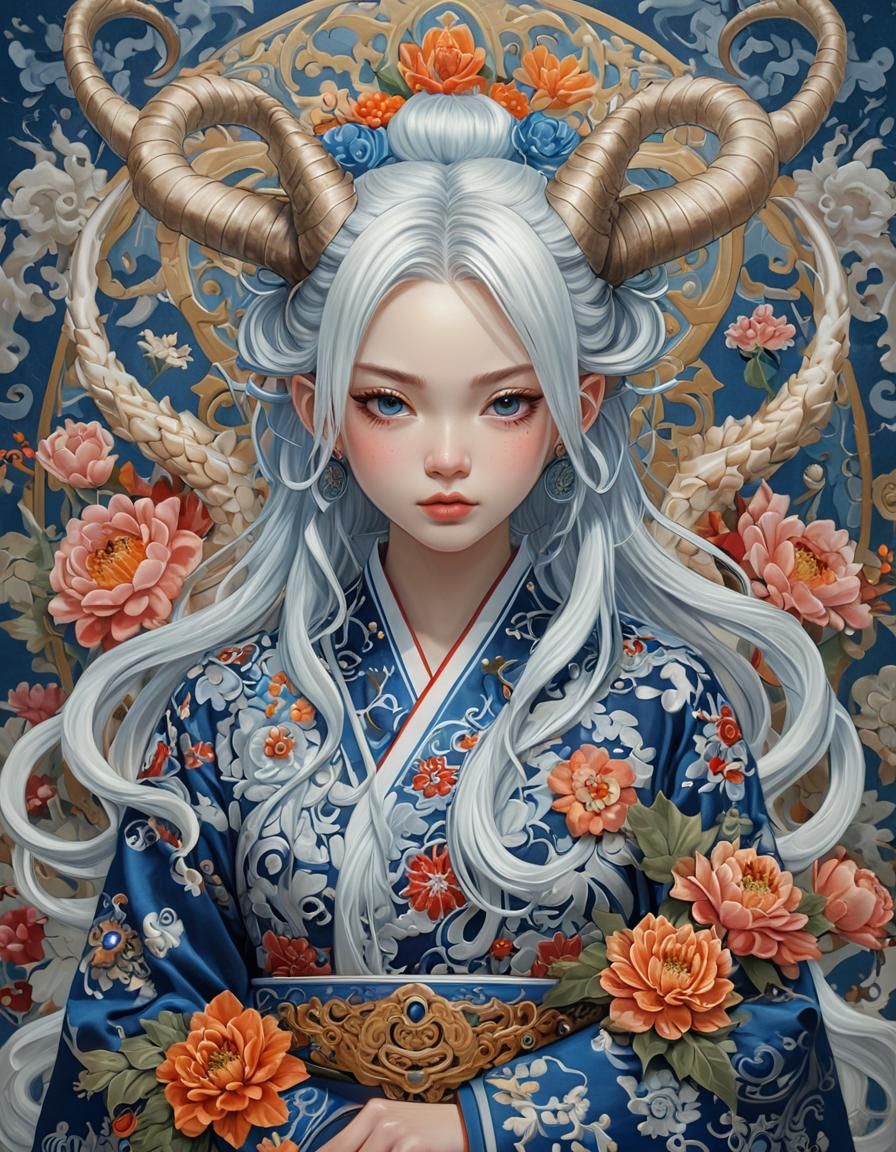 Cute Girl with Dragon Horns in Akira Toriyama Style