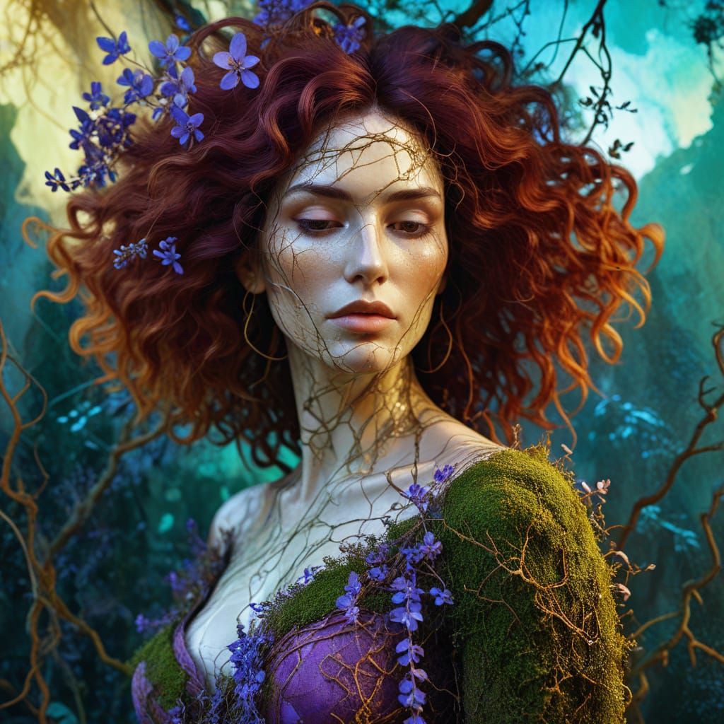 Surreal Mediterranean Woman Portrait with Moss and Wisteria
