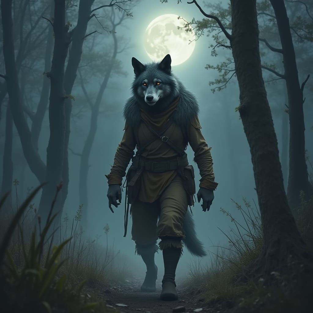 Moonlit Fenwalker: A Hyper-Realistic Gray Werewolf Portrait