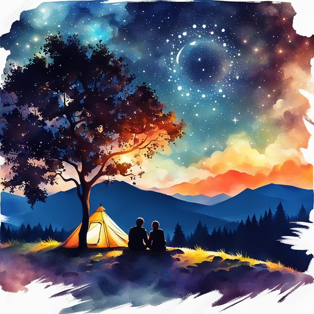 Couple Camping Under Night Sky: Watercolor Art