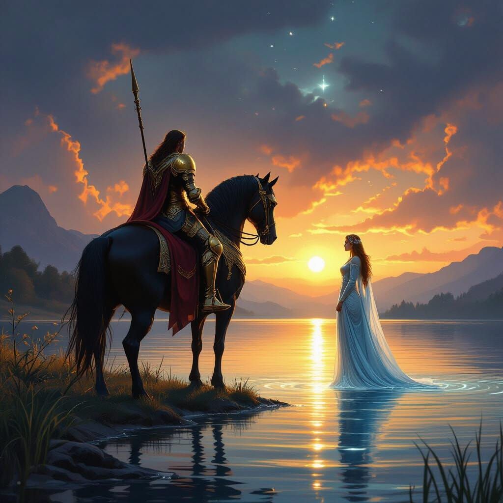Knight Meets Lady of the Lake in Ethereal Watercolor