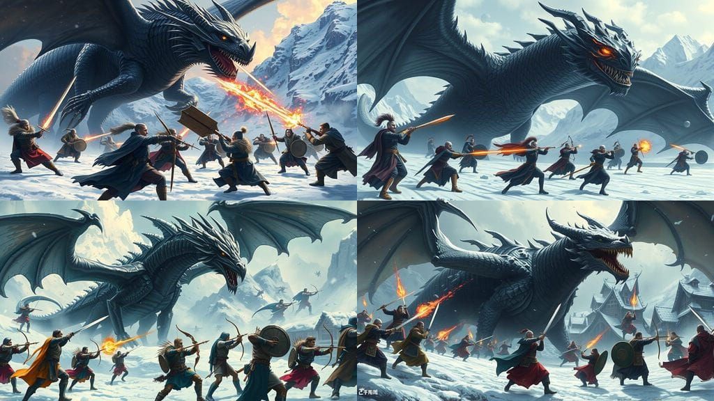 Metallic Black Dragon Battles Armies in Snowy Mountain Lands...