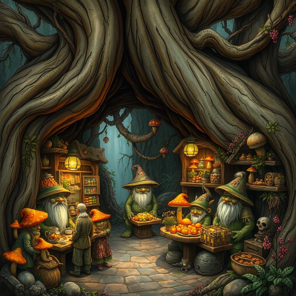 Whimsical Troll Market in Mystical Style