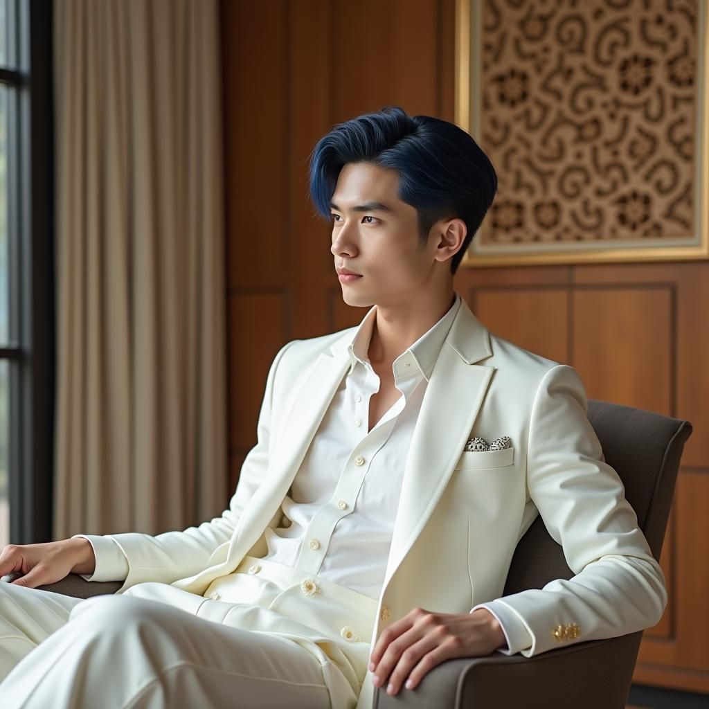 Elegant Young Adult Man in Luxury Japanese Room
