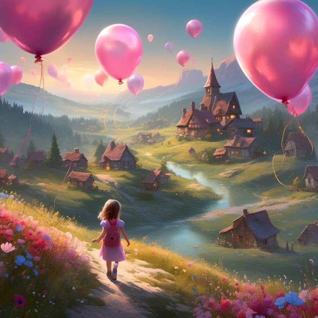 Dreamy Watercolor Valley with Girl and Balloon