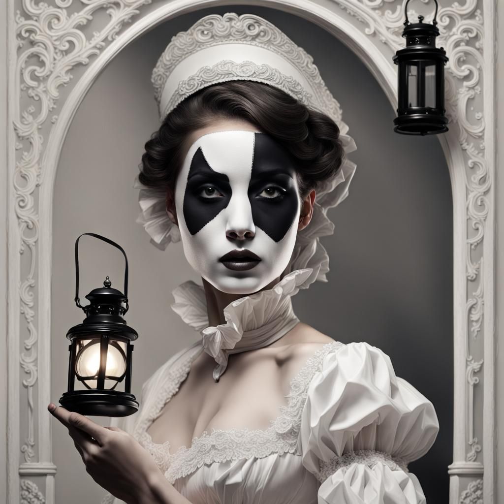 Elegant Woman with Lantern in Mime Makeup