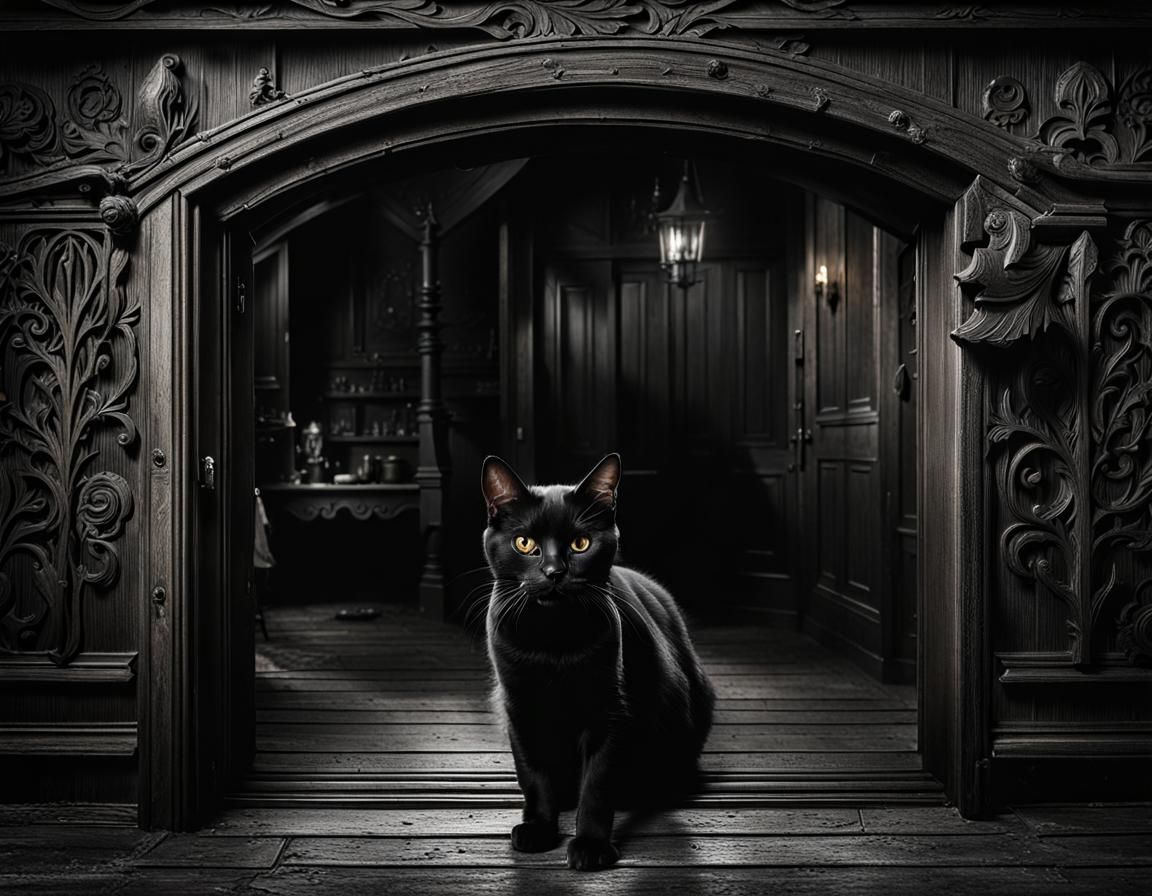 Eerie Black Cat in Witch House, Hyperrealistic Illustration