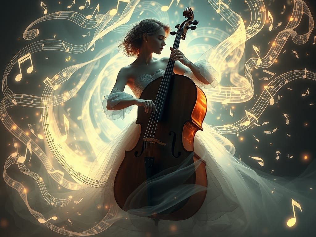Ethereal Woman Playing Cello with Music Notes