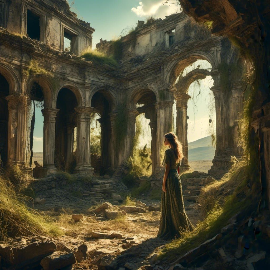 Ethereal Woman in Crumbling Ruins: Surreal Image