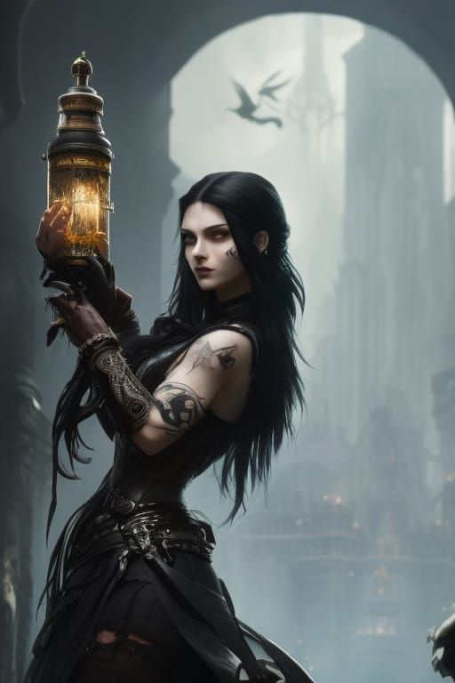 Gothic Woman Holding Poison in Dark Fantasy Style