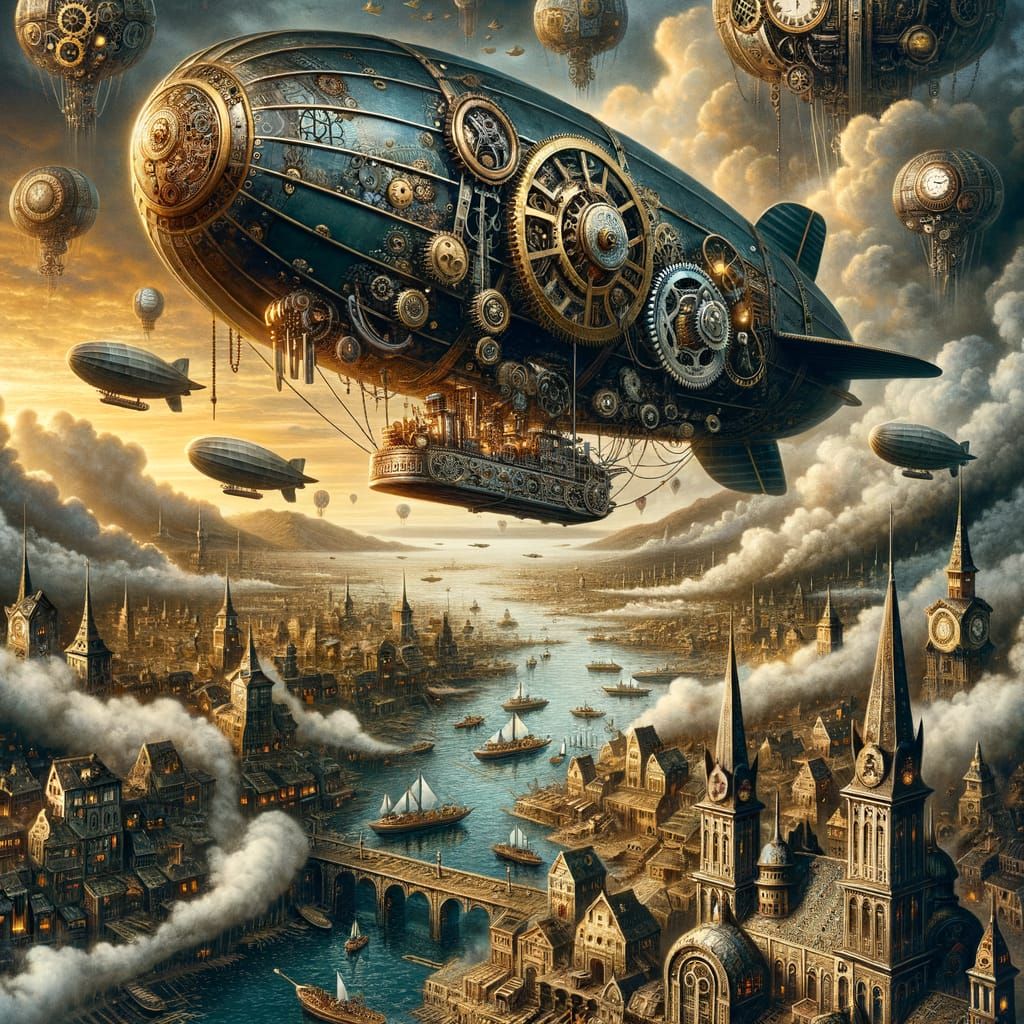 Steampunk Airship Above Victorian City with Clockwork Birds