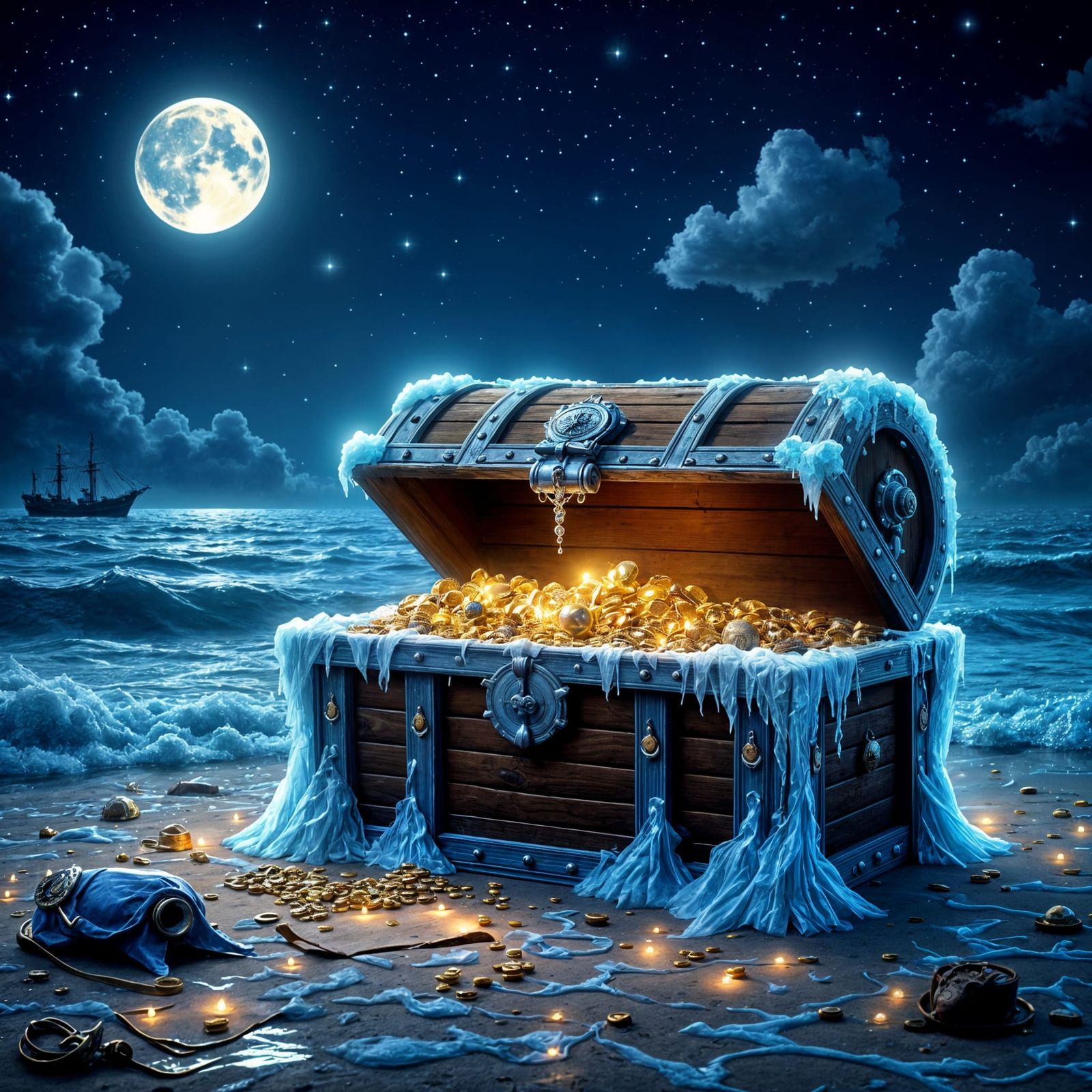 "Moonlit Fortune: The Frosted Treasure of the Tides"