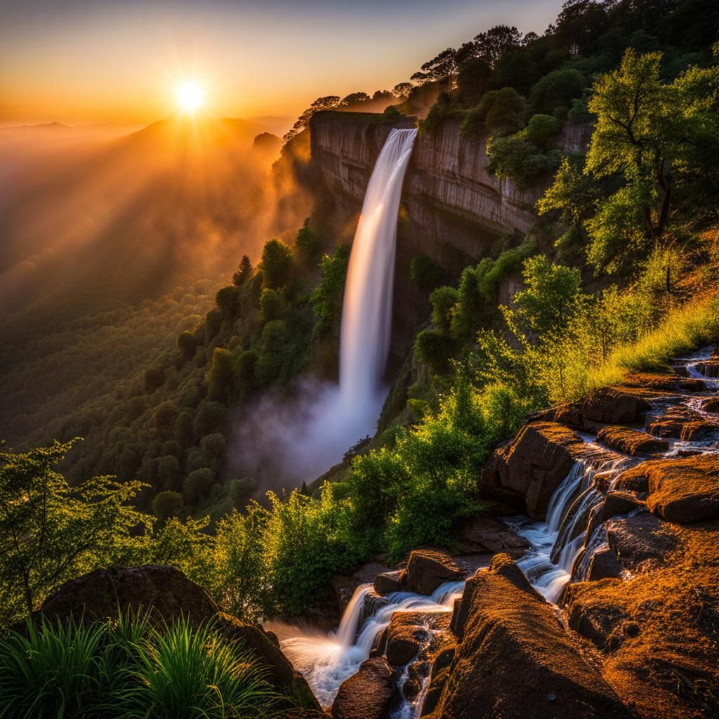 Sunrise Mountain Waterfall Landscape