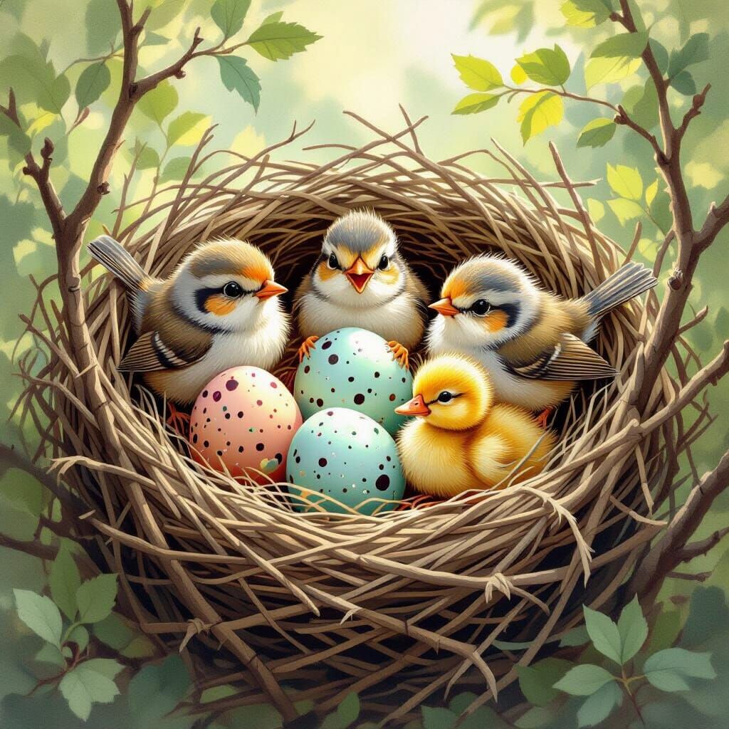 Whimsical Birds and Ducklings Emerge from Eggs in Nest