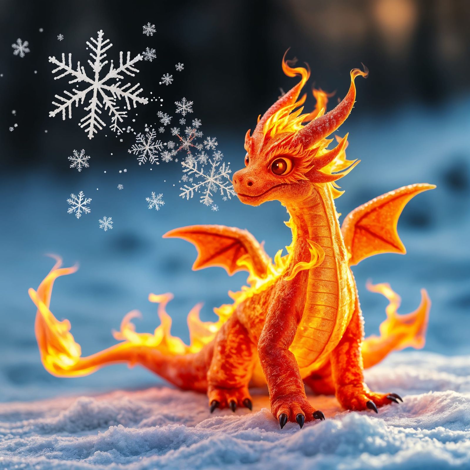 Adorable Fire Dragon Breathes Snowflakes