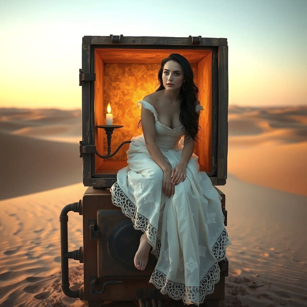 Woman in Box Above Oven on Desert Dune