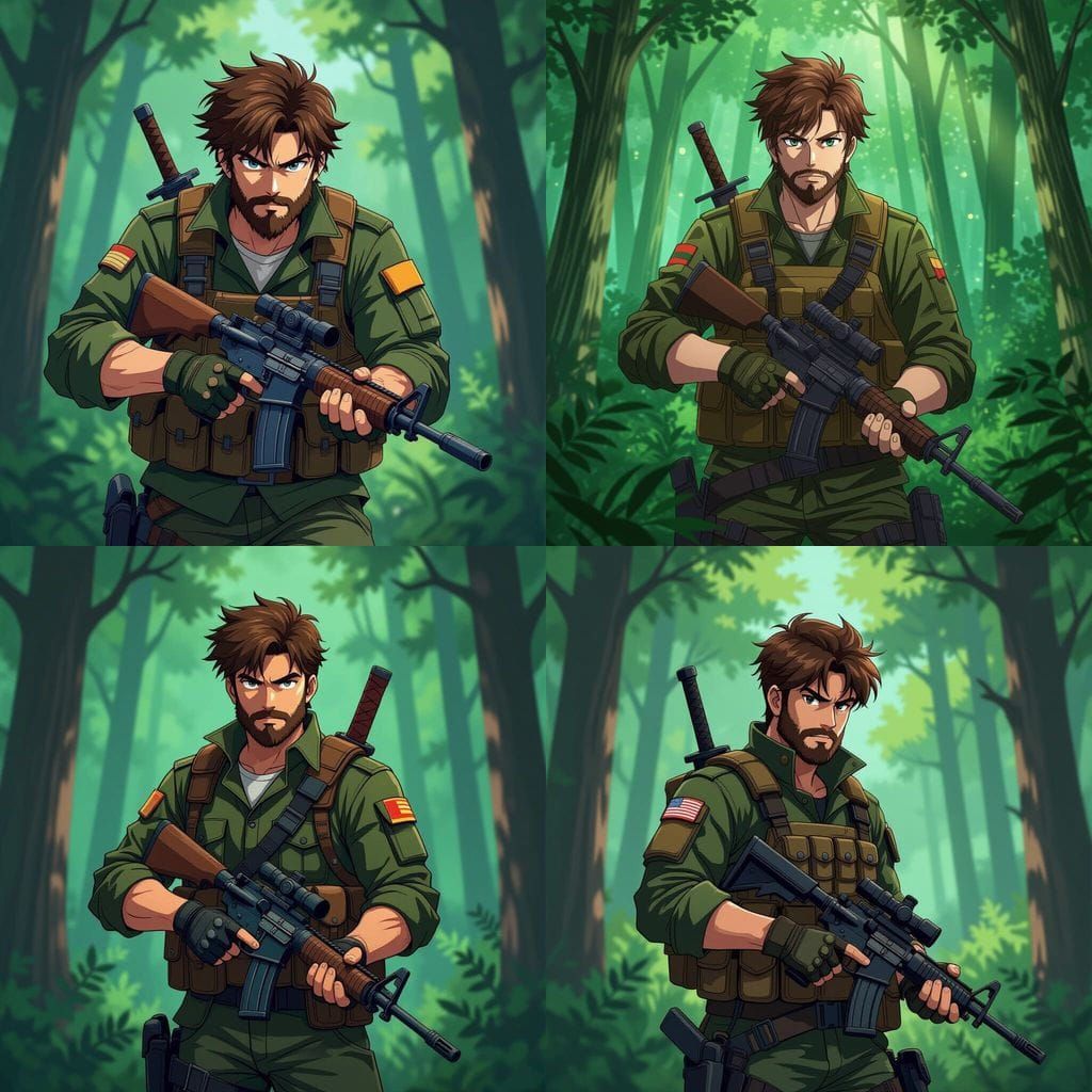 Soldier in Woods with Knife and Pistol, Manga Scan Style