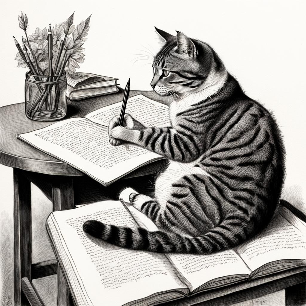 Detailed Charcoal Drawing: Cat on Writer's Lap
